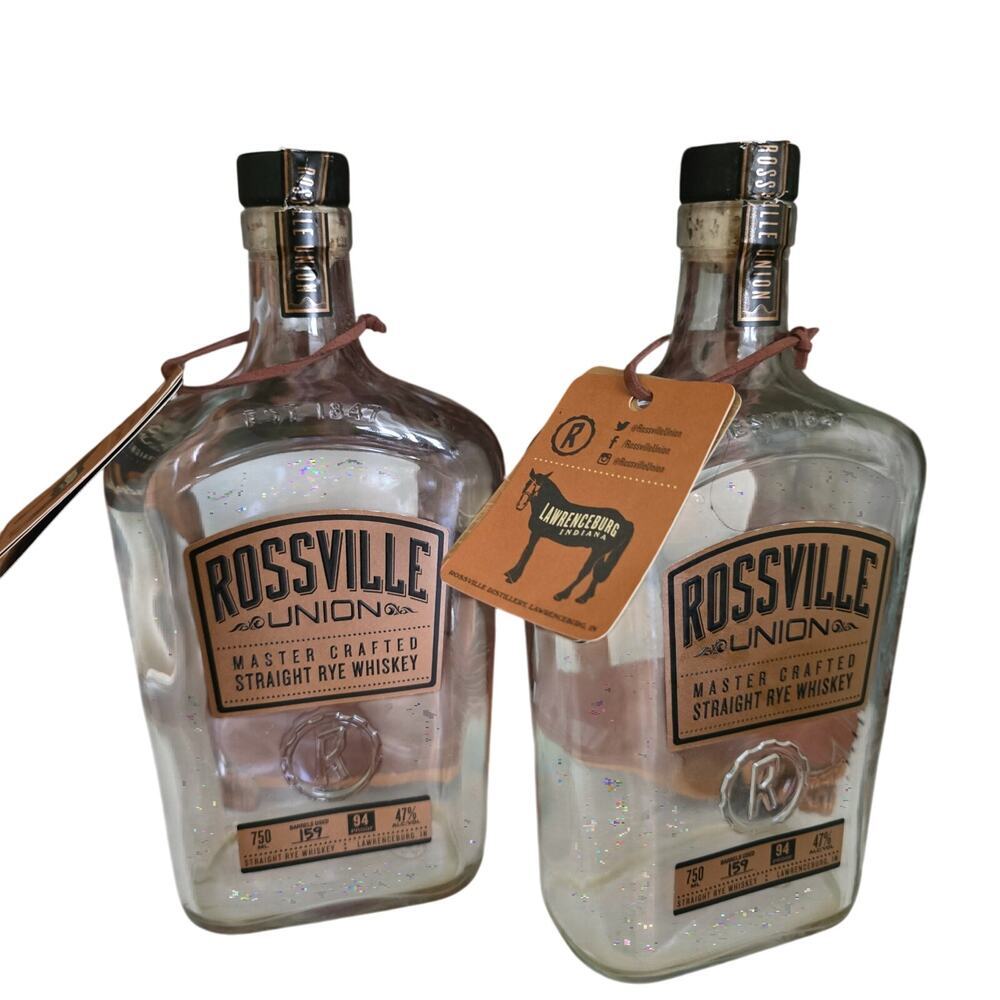 Two ROSSVILKE UNION Straight Rye Whiskey Empty Bottles 750ml Clean Craft Upcycle